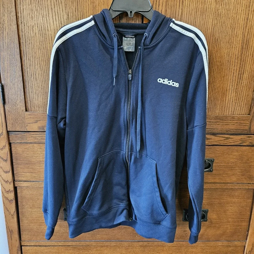 adidas Climalite Men's Blue Full Zip Hooded Hoodie Pockets Logo Size M